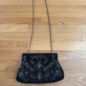 Black Beaded Evening Bag Multi Color Beads Long Chain Strap